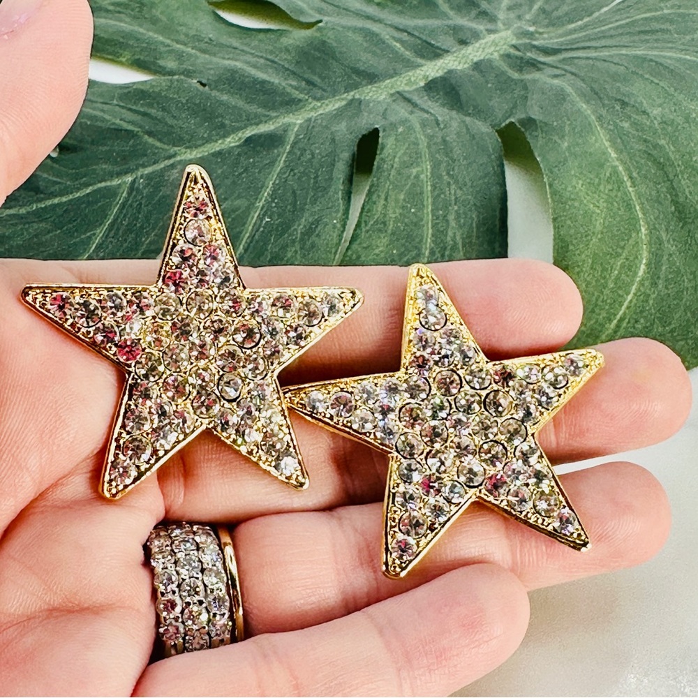 Vintage Huge Rhinestone Star Earrings 80s Clip On Gold Bling Sparkle Cos… - Picture 1 of 10